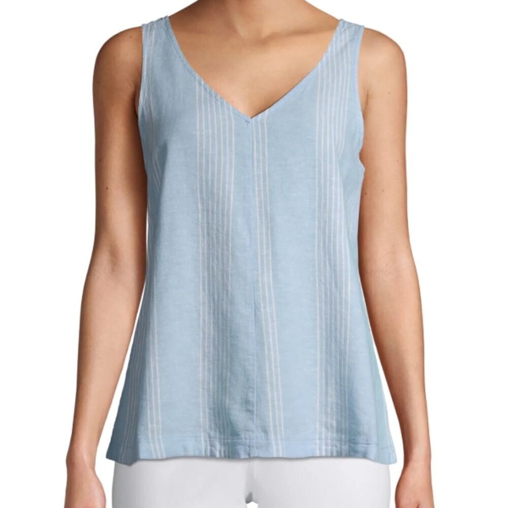 Women's 3X Blue Striped Casual V-Neck Sleeveless Summer PLUS Woven Tank Top